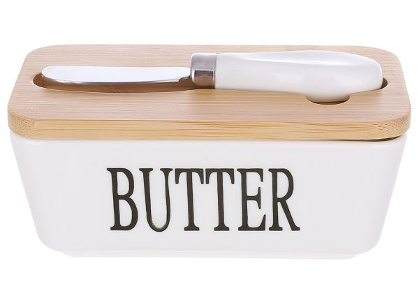 Маслянка порцелянова з бамбуковою кришкою та ножем для масла Butter (15*8.5*7.5см) (289-419)