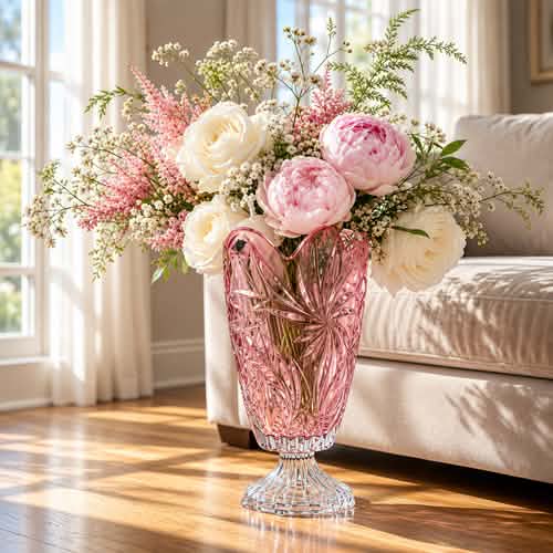 Высокая розовая ваза Bohemia Flora Pink на ножке с большим букетом